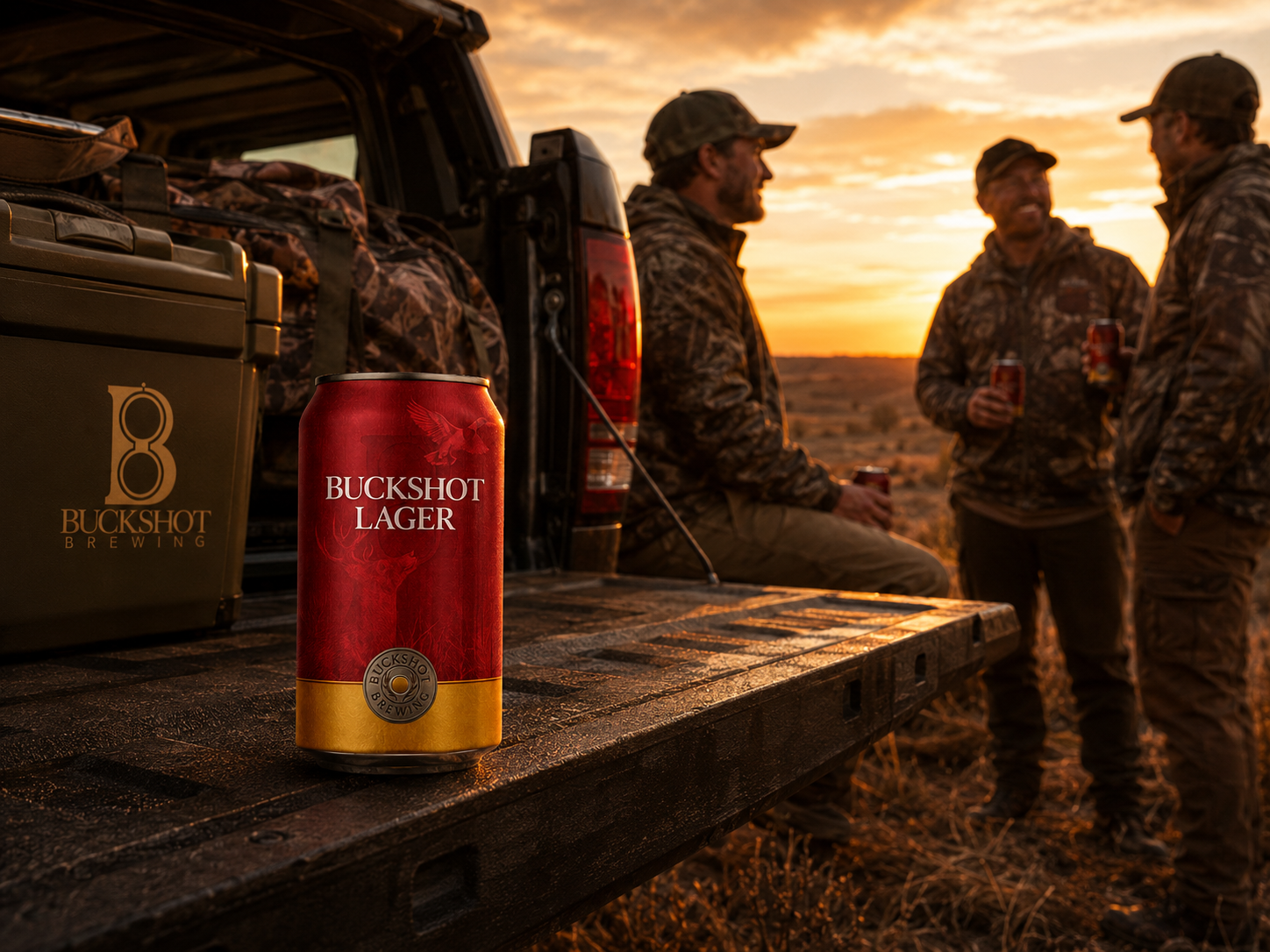 Buckshot Lager can on a truck tailgate with adults gathered in the distance
